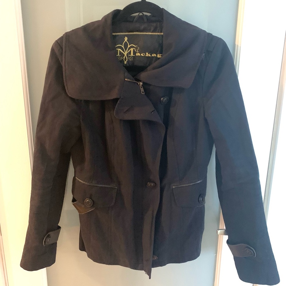 Black Mackage jacket with leather detailing. Size Medium.